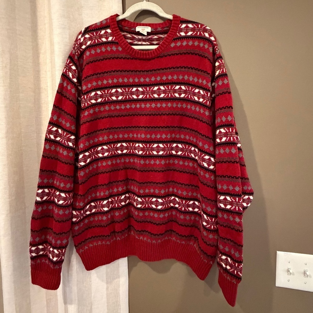 Dockers Men's Patterned Holiday Crewneck Red Sweater, 100% Cotton, Size XXL